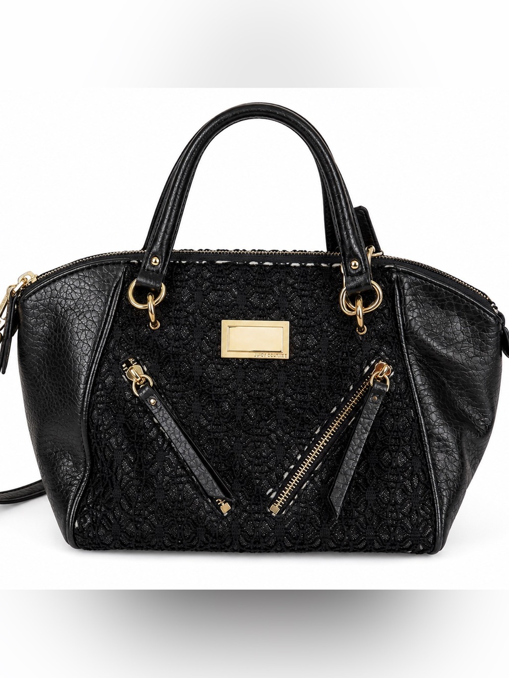 Juicy Couture Black Logo Satchel Top Handle Bag, Zip, Detachable Strap, Gold